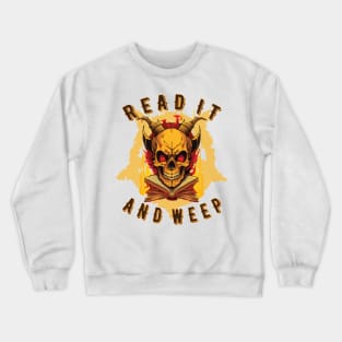 Horned skull sitting on flaming books. Crewneck Sweatshirt